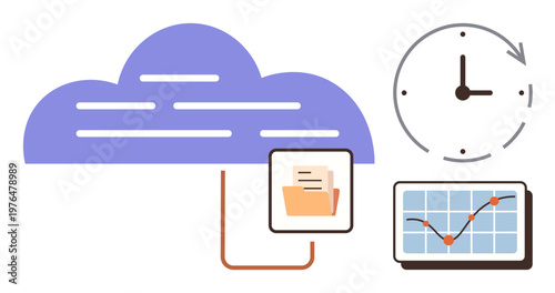 Cloud storage, data backup, time management, analytics, file sharing, digital organization. A cloud connected to a file folder, a clock and a chart. Cloud storage and data backup concept