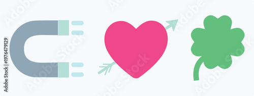 Law of attraction, heart, positivity, love, luck, clover, magnet, feeling. Well-being, blessing, positive, magnetic, mindset. Abundance, prosperity, vector, set