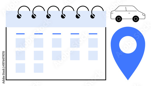 Transportation, travel planning, logistics, itinerary management, car-sharing services, mobile navigation. Calendar with car icon and location pin. Transportation and travel planning visualization