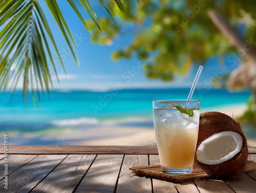 Refreshing coconut water cocktail with ice in a glass on a wooden table, tropical beach background with blue sea and palm leaves. AI generated