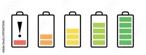 battery level indicators, colorful battery charge level icons, vector illustration