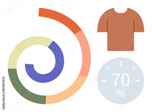 Data analysis, progress tracking, clothing design, sustainability metrics, retail analytics, business reports. Circular chart, shirt symbol percentage icon. Data analysis and progress tracking
