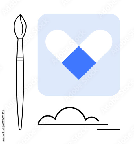 Art and design, creativity, digital tools, branding, conceptual design, minimalism. A brush next to a cloud and a heart-shaped abstract symbol. Art and design, creativity concept