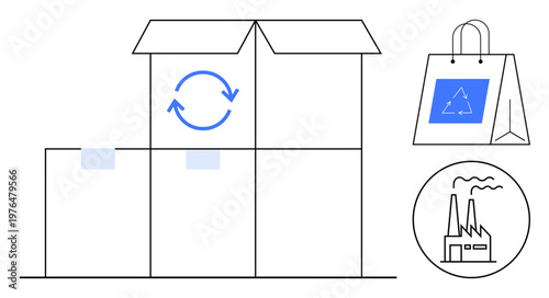 Recycling, sustainability, eco-friendly packaging, circular economy, waste management, industrial production. Shipping box with recycle icon, paper bag and factory symbol. Recycling