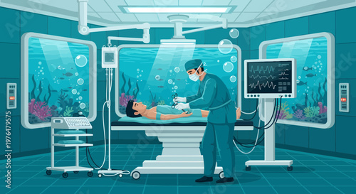 Surgeon Performing Operation on Patient in Futuristic Operating Room.