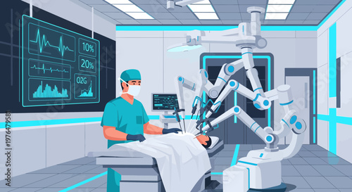 Surgeon Operating Robotic Arm in Modern Operating Room.