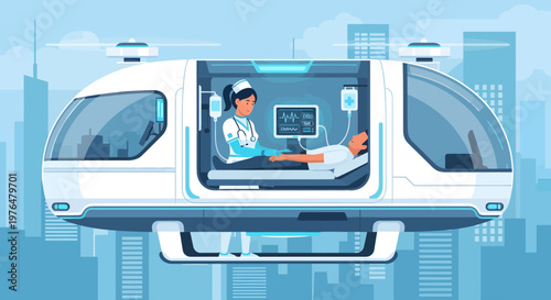 Futuristic Flying Ambulance with Nurse and Patient Inside.