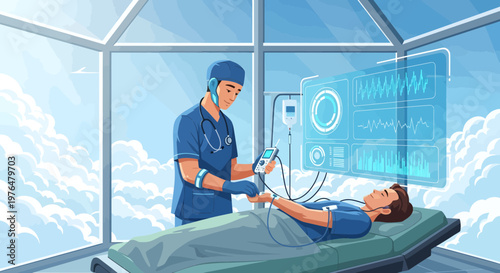 Futuristic Doctor Examining Patient with Advanced Technology.