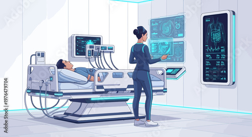 Futuristic Medical Bed with Patient and Doctor Monitoring.