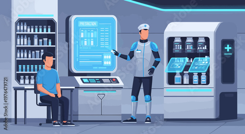 Futuristic robot assisting patient with medical information display.