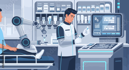 Futuristic medical technology with robot and doctor.