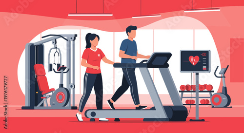 Man and woman exercising on treadmill in gym.