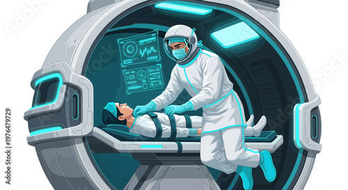 Futuristic Medical Pod with Doctor and Patient.