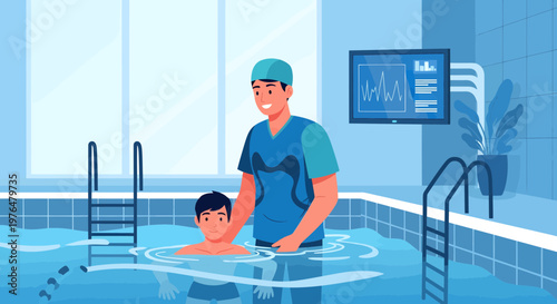 Male instructor teaching young boy swimming in pool.