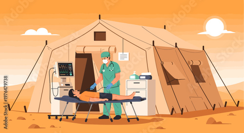 Medical Tent with Doctor and Patient in Desert Setting.