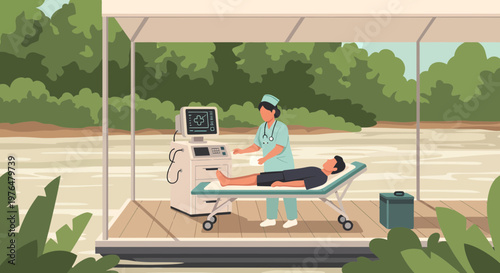 Medical professional performing ultrasound on patient lying on examination table.