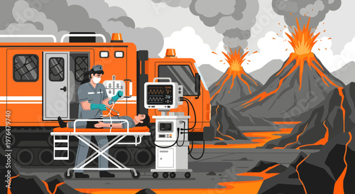 Medical professional tending to patient near emergency vehicle.