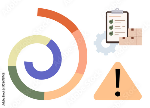 Process management, risk assessment, workflow optimization, business analysis, project planning, productivity. Spiral graph with checklist, warning sign cogwheel. Process management and risk