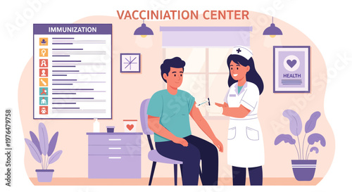 Nurse administering vaccine to patient in vaccination center.