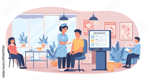 Nurse administering vaccine to young man in clinic.