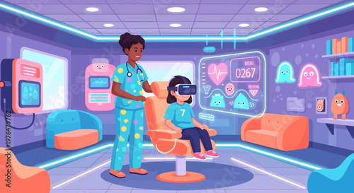 Nurse assisting child with virtual reality headset in futuristic medical setting.