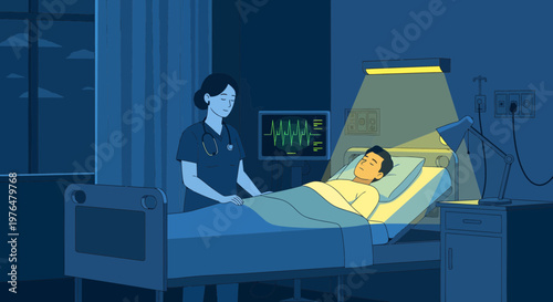 Nurse Attends Patient in Hospital Bed at Night.