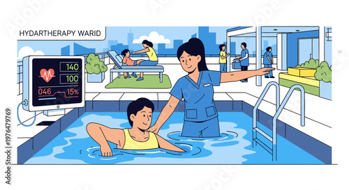 Nurse assisting patient in hydrotherapy pool for rehabilitation.