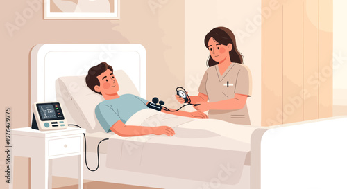 Nurse Attends Patient in Hospital Bed Receiving Medical Treatment.