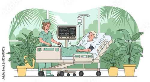 Nurse Cares for Elderly Patient in Hospital Room.