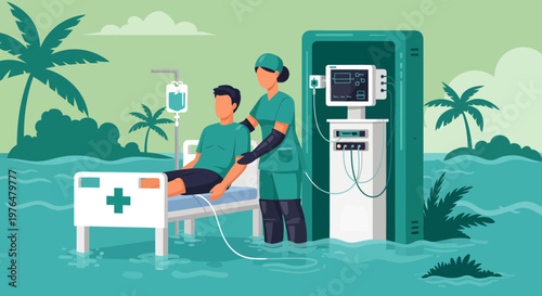 Nurse Cares For Patient In Flooded Hospital Room.