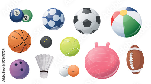 Sport balls elements set design. Collection with bowling, soccer, football, basketball, beach, tennis, fitness, baseball, volleyball and other games leisure circle equipments. Vector illustration.