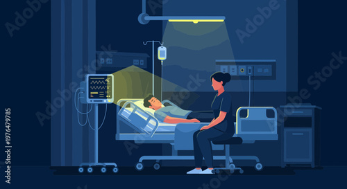 Nurse Cares for Patient in Hospital Bed with Medical Equipment.