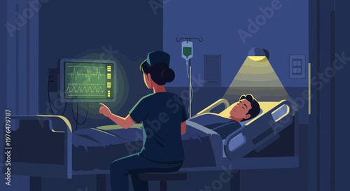 Nurse Cares for Patient in Hospital Room at Night.