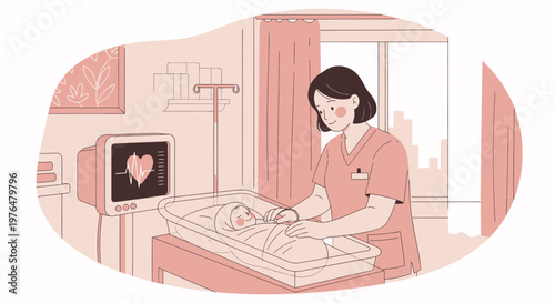 Nurse caring for infant patient with medical equipment.