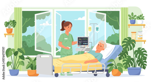 Nurse caring for elderly patient in hospital room.