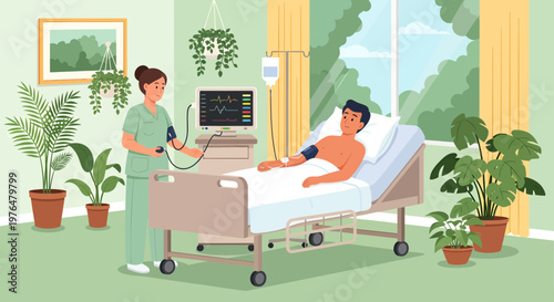 Nurse checking patient vital signs in hospital room.