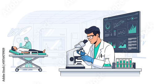 Scientist examining sample under microscope in laboratory setting.