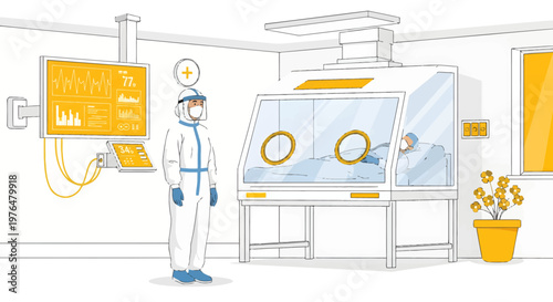 Scientist in protective suit working with laboratory equipment.