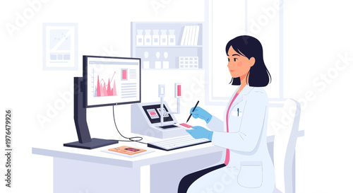 Scientist working in laboratory with computer and equipment.