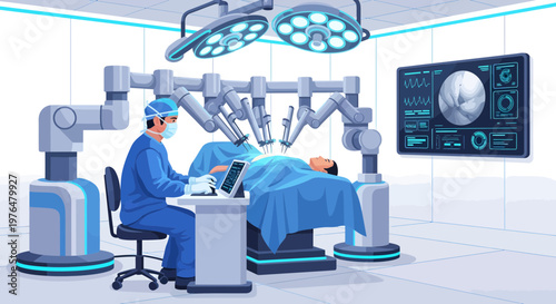 Surgeon controlling robotic arms for advanced medical surgery.