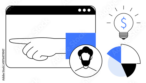 Business innovation, digital strategy, technology concepts, data analysis, financial growth, user interface design. Web browser hand pointing, chart light bulb. Business innovation and digital