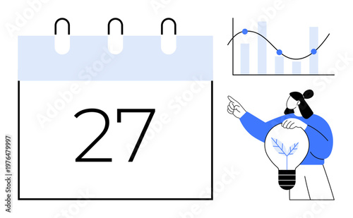 Project management, scheduling, data analysis, strategy planning, creativity, timeline organization. A calendar, graph and person holding a lightbulb. Project management and scheduling
