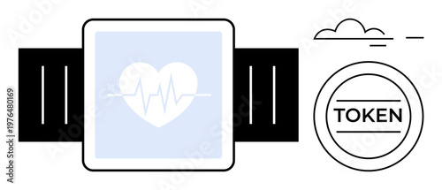 Health monitoring, blockchain technology, digital identity, wearable tech, secure health payments, futuristic innovation. Smartwatch with heart monitor and token design. Health monitoring
