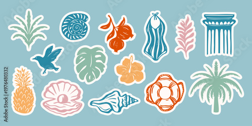 Hand drawn summer beach stickers set with fruit, palm tree, swimsuit and coral. Colorful vintage style stickers with white outline. Vector illustration.