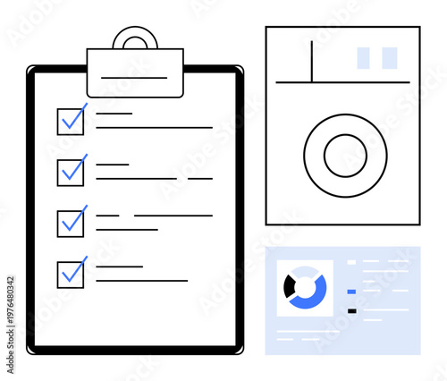 Checklist concept. Checklist items marked on clipboard alongside report icon and analytics chart. Checklist simplifies planning, project management, and task tracking. Ideal for business