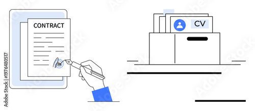 Recruitment concept. Recruitment through hand signing a contract and organized CV storage. Recruitment streamlines hiring, employee management, and HR operations. For HR, hiring, team management