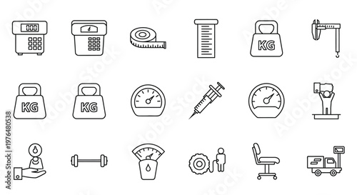 Collection of linear icons depicting various measuring tools weights medical devices and fitness equipment