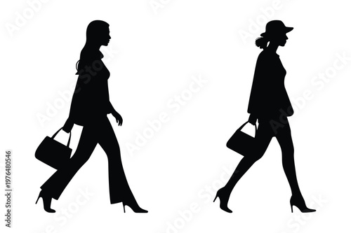 Vector silhouettes of women walking with handbags high heels silhouette