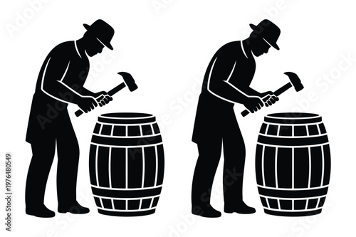 Vector silhouettes of cooper maker working on barrels with craftsman, industry