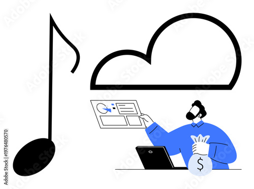 Music streaming platforms, digital rights, online payments, cloud storage, copyrights, data security. Man holding money bag with laptop, cloud musical note. Music streaming and digital rights theme